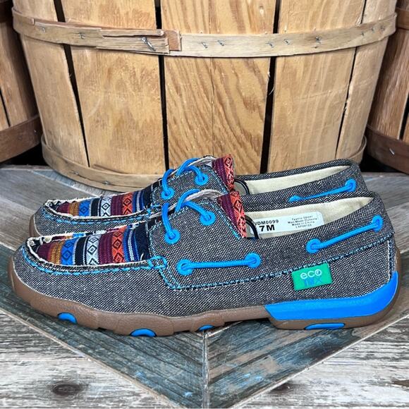 Twisted X Dusty Serape Blanket Canvas Boat Shoe Driving Mocs Shoes Womens Size 7 - Picture 2 of 12